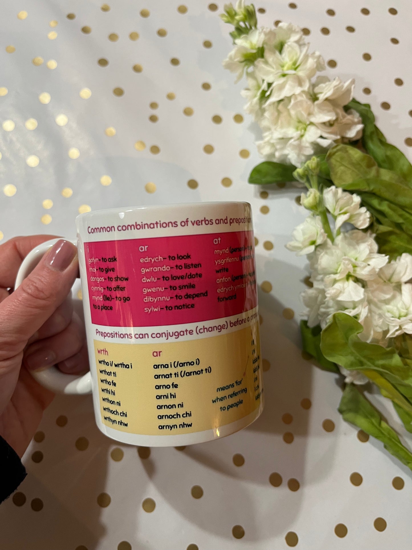 Prepositions mug for Welsh learners (Sylfaen uned 8)