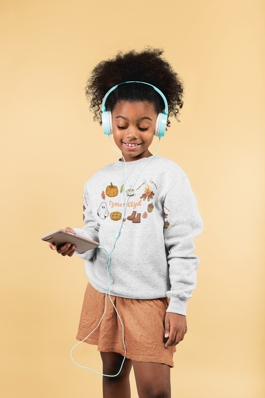 Kids- Tymor Clyd (Cosy Season) autumn Welsh language sweatshirt with illustrations