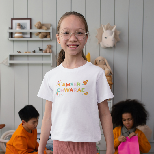 Bright 'Amser Chwarae' (Play Time) Welsh language kids unisex T-shirt/ crys-T Cymraeg