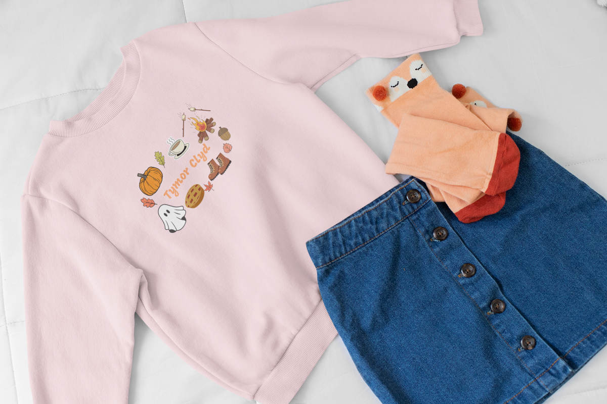 Kids- Tymor Clyd (Cosy Season) autumn Welsh language sweatshirt with illustrations