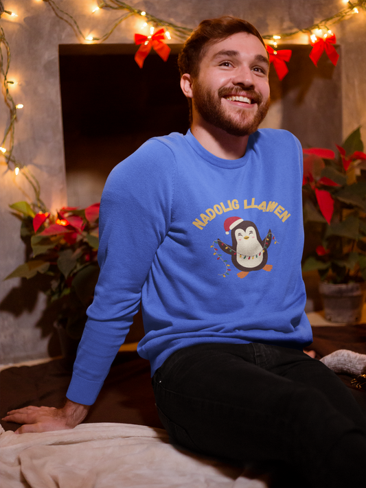 Nadolig Llawen Welsh language Christmas unisex sweatshirt with penguin