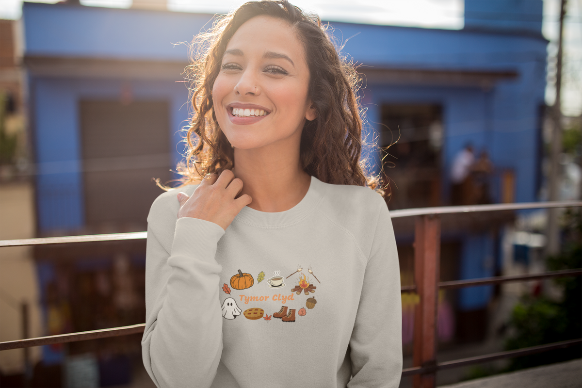 Kids- Tymor Clyd (Cosy Season) autumn Welsh language sweatshirt with illustrations