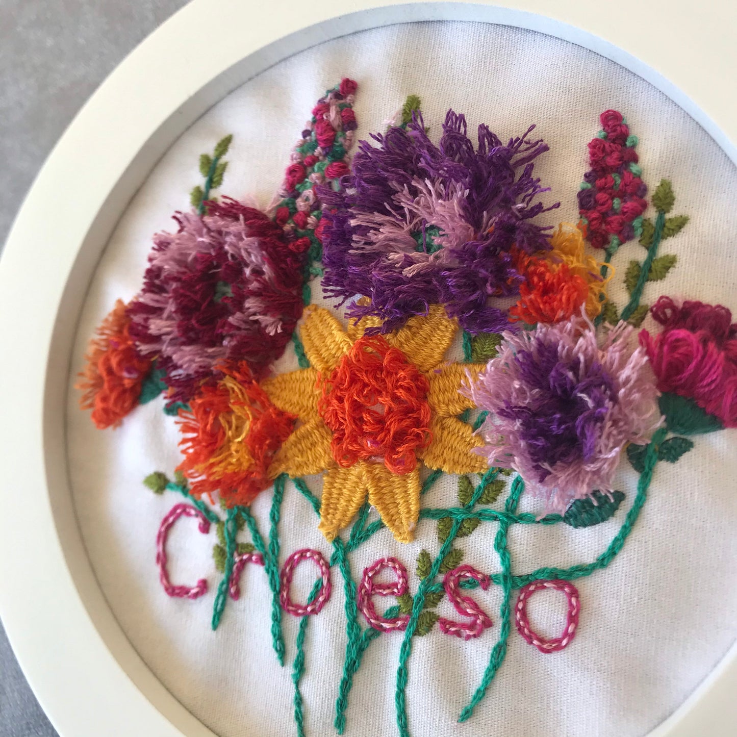 Croeso (welcome) floral embroidery in white frame. 15cm diameter /Welsh Cymru Anrheg flower botanical art needle craft Cymraes