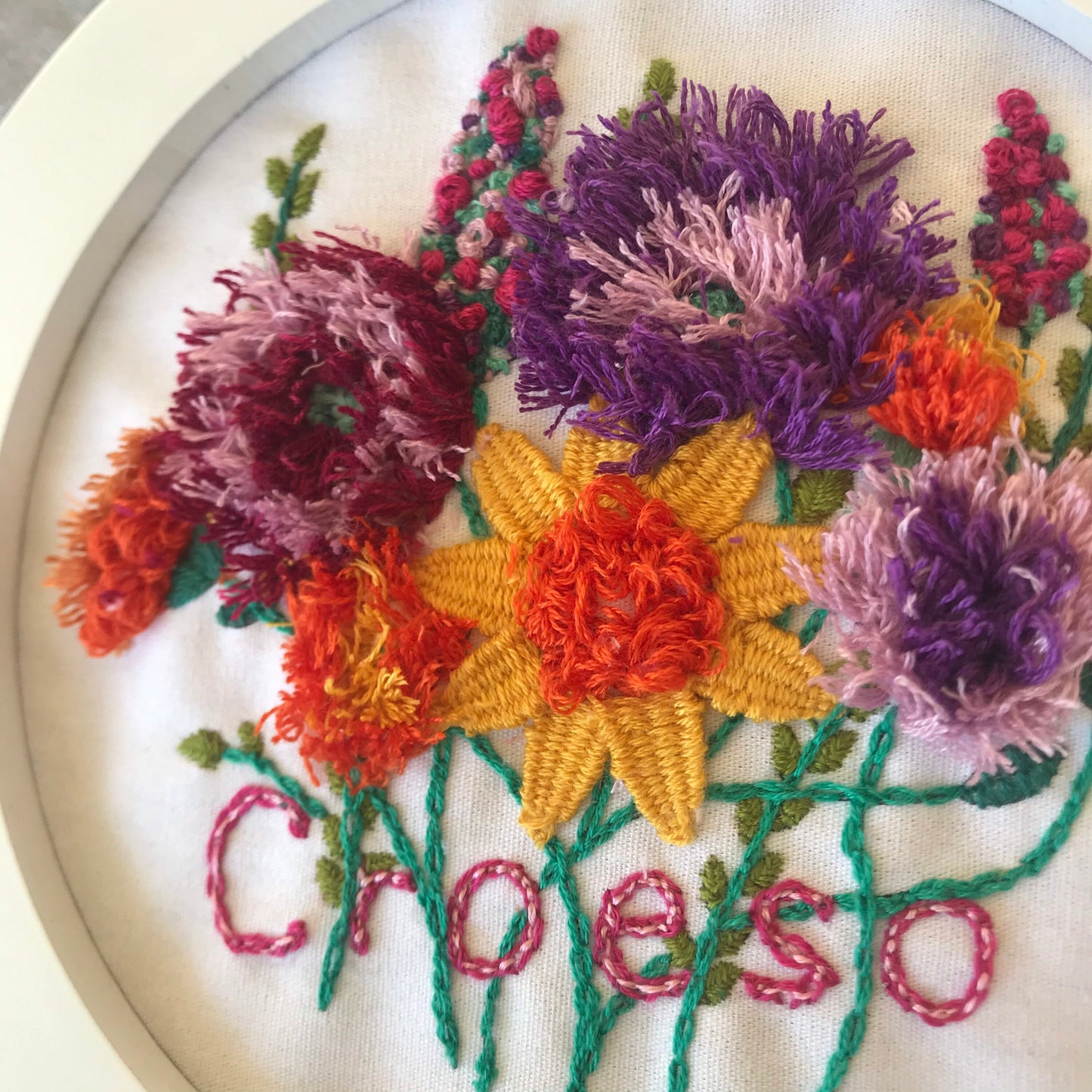 Croeso (welcome) floral embroidery in white frame. 15cm diameter /Welsh Cymru Anrheg flower botanical art needle craft Cymraes