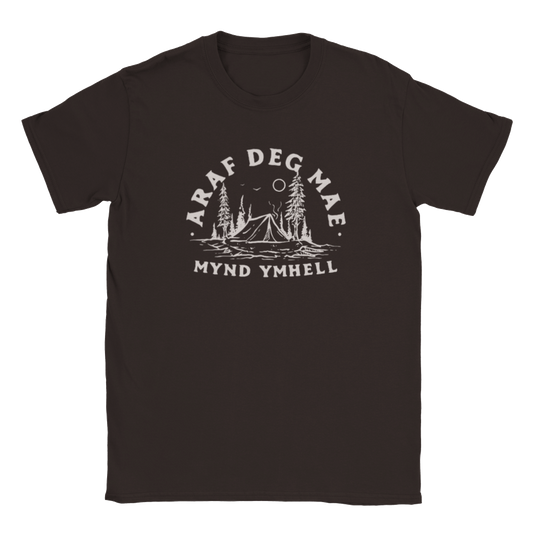 Welsh language outdoor t-shirt  ‘Araf deg mae mynd ymhell’ (go slowly and go far)